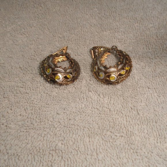 Clip earrings Damascene puff hoops dangles - Picture 1 of 1